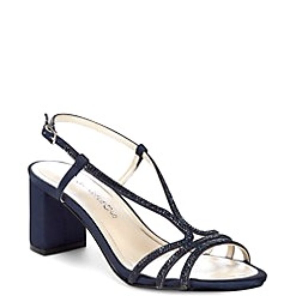 Caparros - Embellished Navy Satin Strappy Sandals Chunky Heels -  NWOT